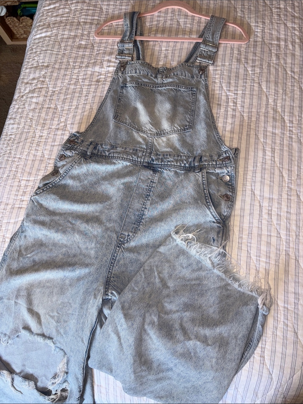 Free People Light Wash Denim Overalls with Distressed Knees